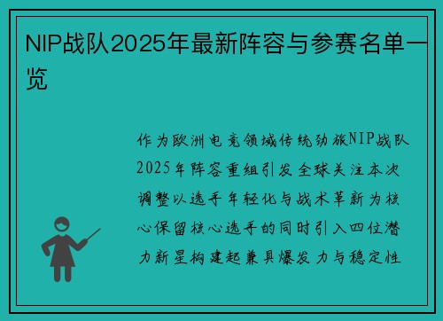 NIP战队2025年最新阵容与参赛名单一览